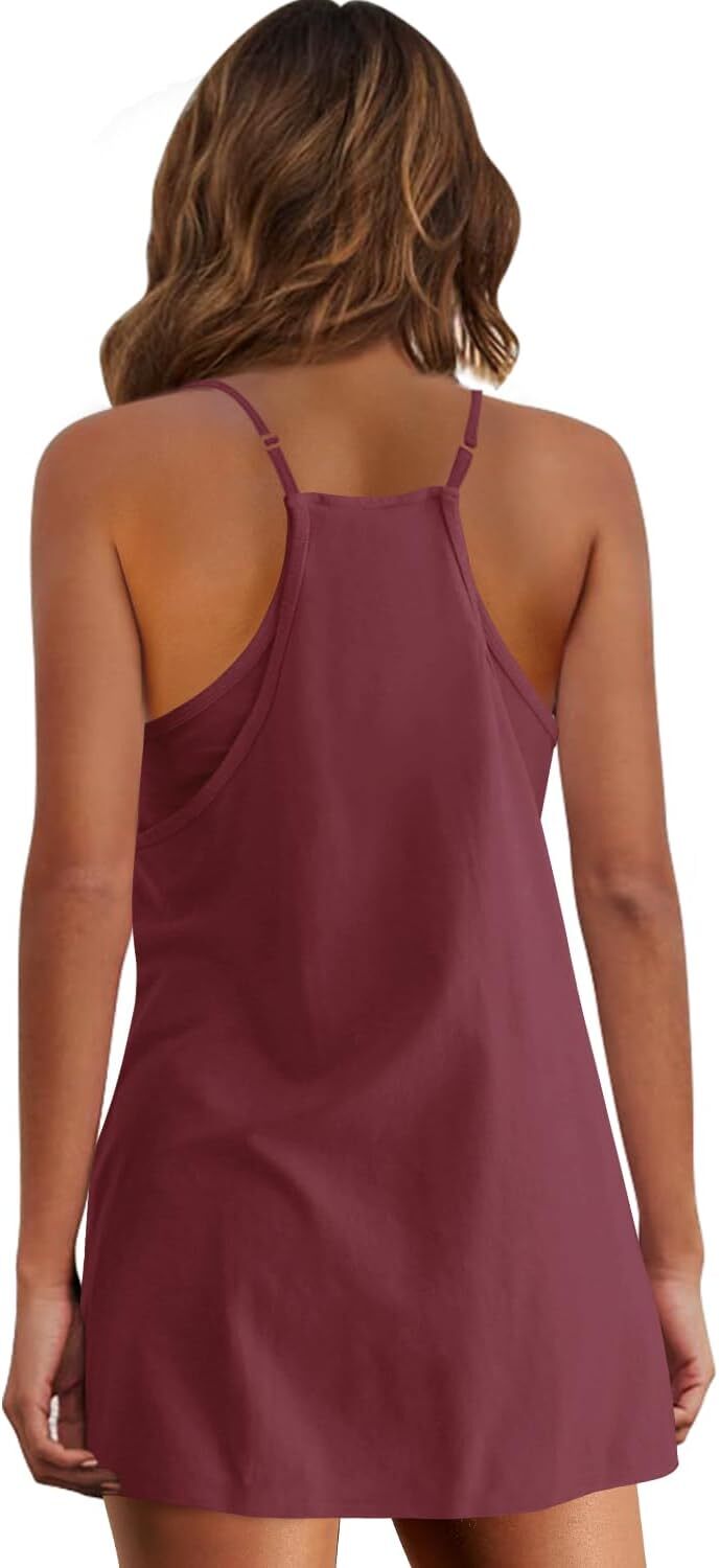 Womens Summer Sleeveless Mini Dress V Neck Spaghetti Strap Sundress Athletic Short Dress with Pockets