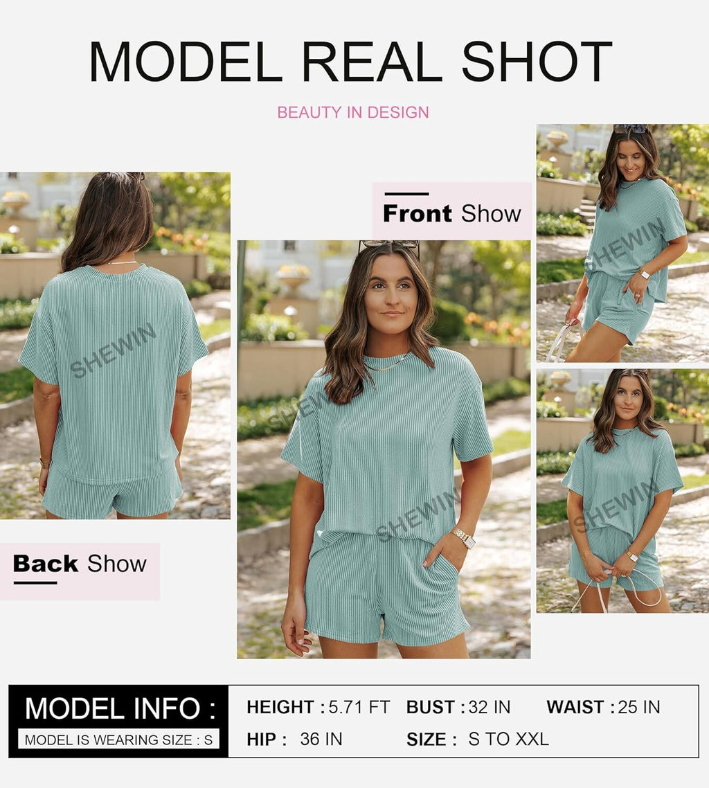 Two 2 Piece Sets for Women Short Sleeve Shirts High Waisted Shorts with Pockets Pajamas Lounge Matching Set