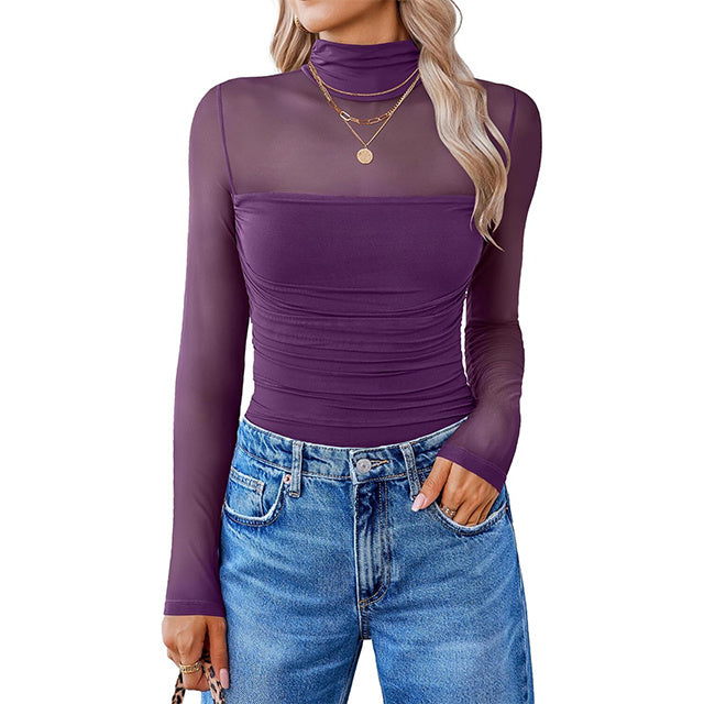 💝Autumn Specials💝Women's Long Sleeve Tights Turtleneck Shapewear Bodysuit Mesh Bodysuit Shirt