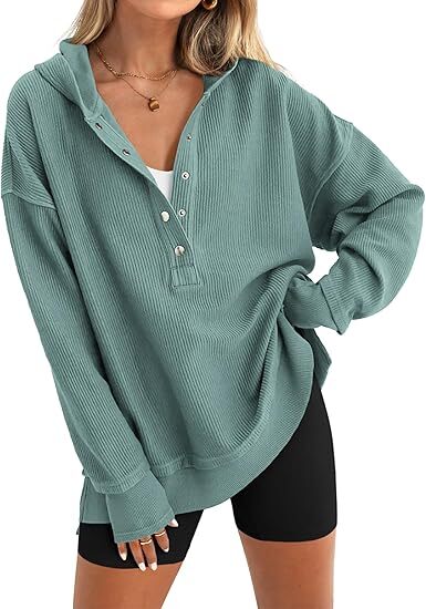 Women’s Casual V-Neck Button-Up Hoodie with Side Slits