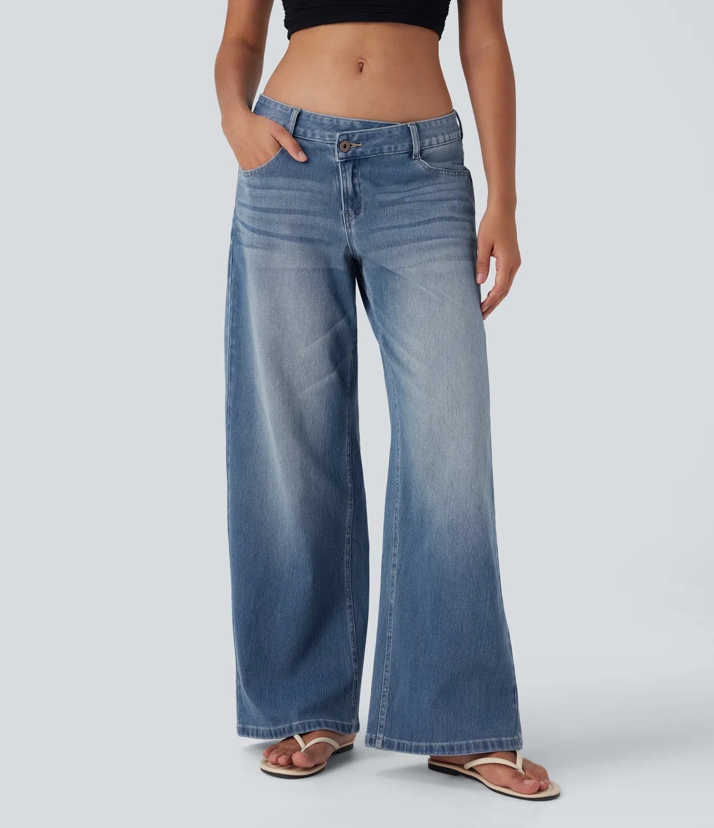 Asymmetric Low Rise Zipper Pockets Baggy Wide Leg Washed Casual Jeans