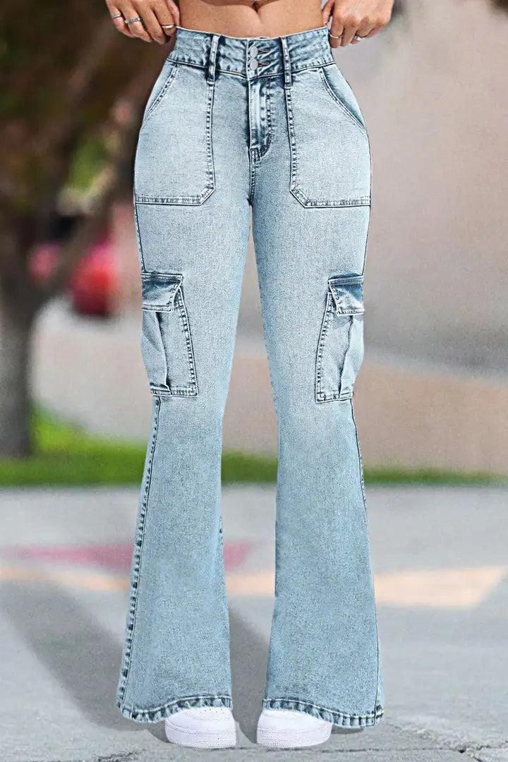 ⚡Last Chance Deal⚡- Multi Pocket Double Button Mid Rise Flare Cargo Jeans