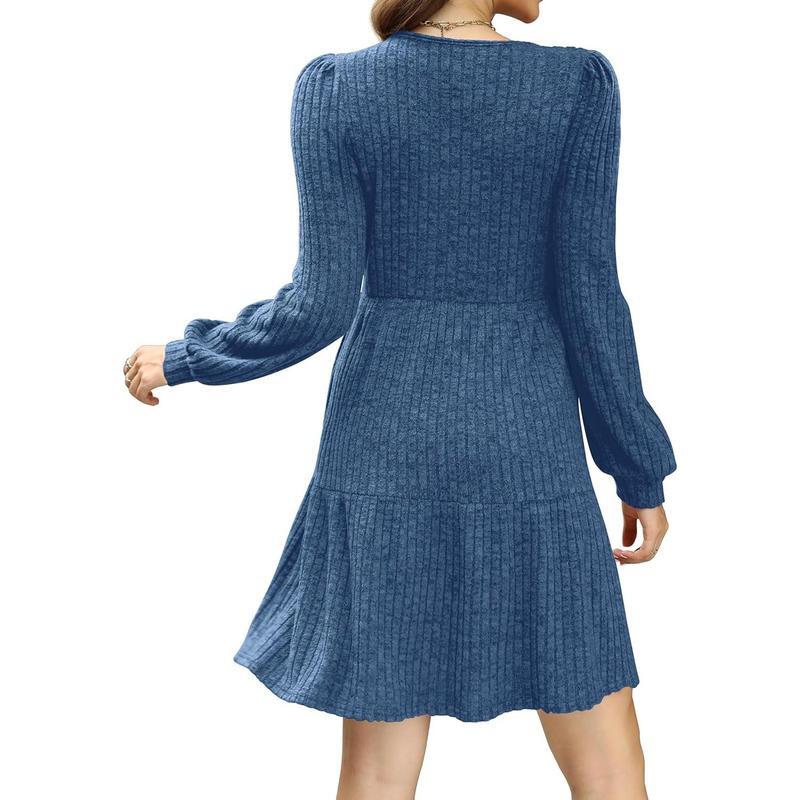 🔥Womens Square Neck Long Sleeve Fall Dresses Casual Babydoll Sweater Dress