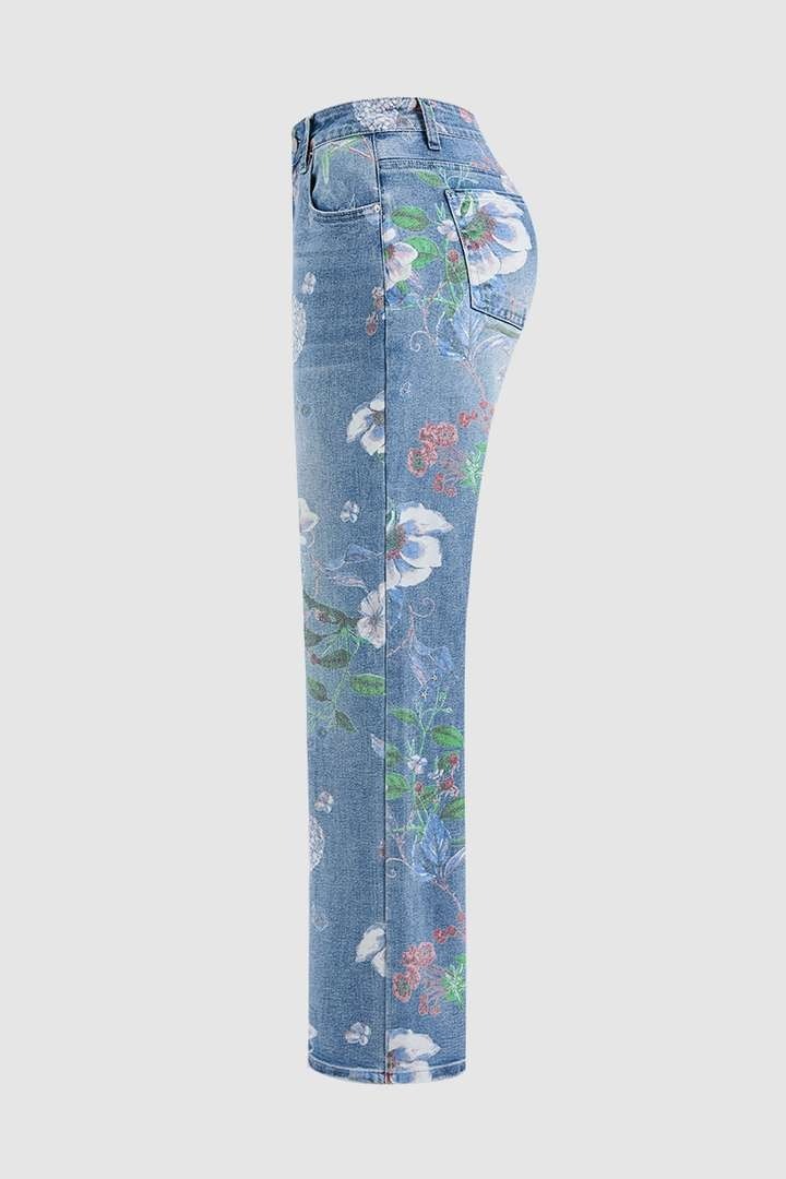 🔥Floral Pattern Wash High Waist Straight Leg Jeans