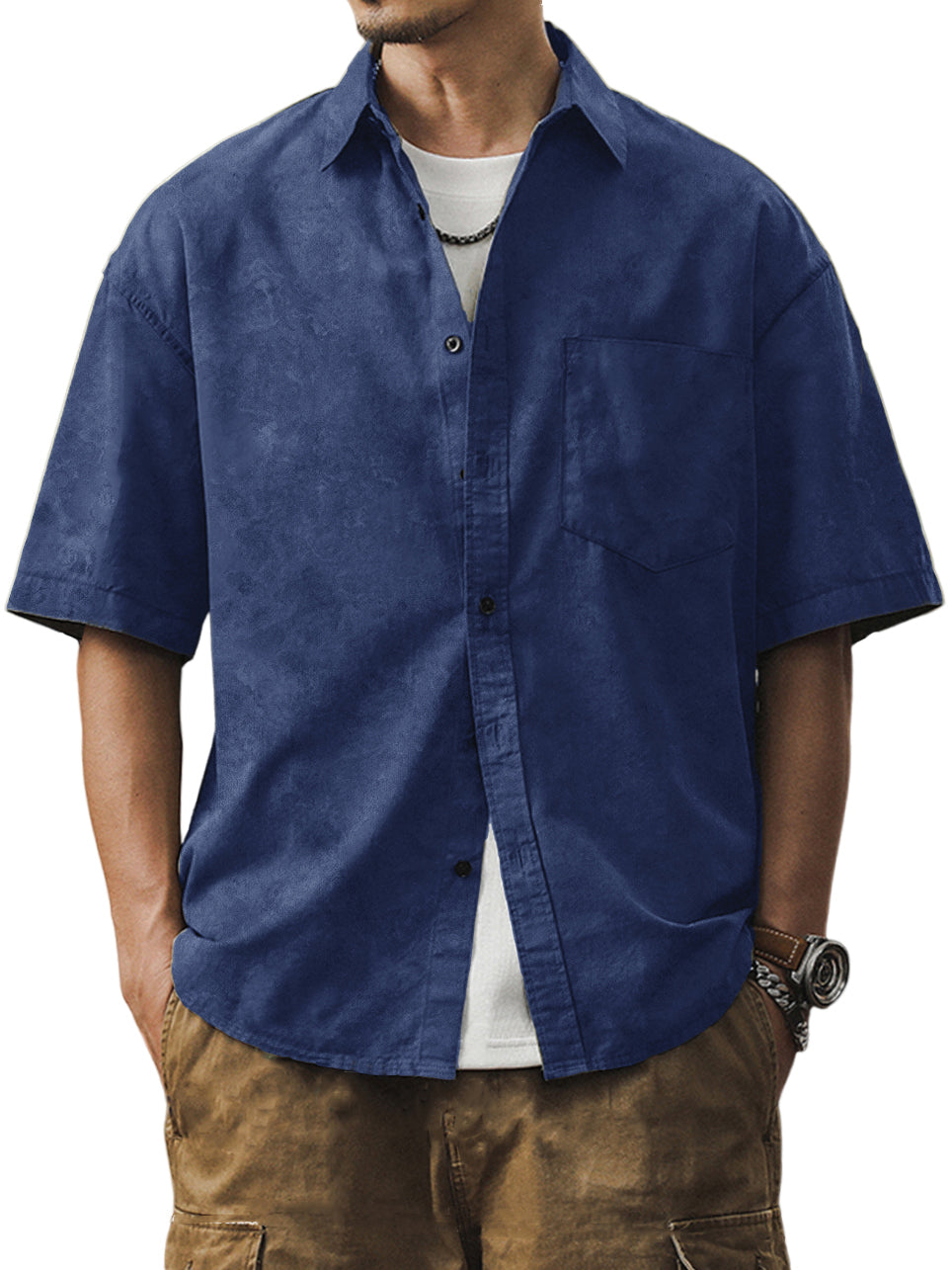 Men's Casual Distressed Printed Pocket Short Sleeve Shirt