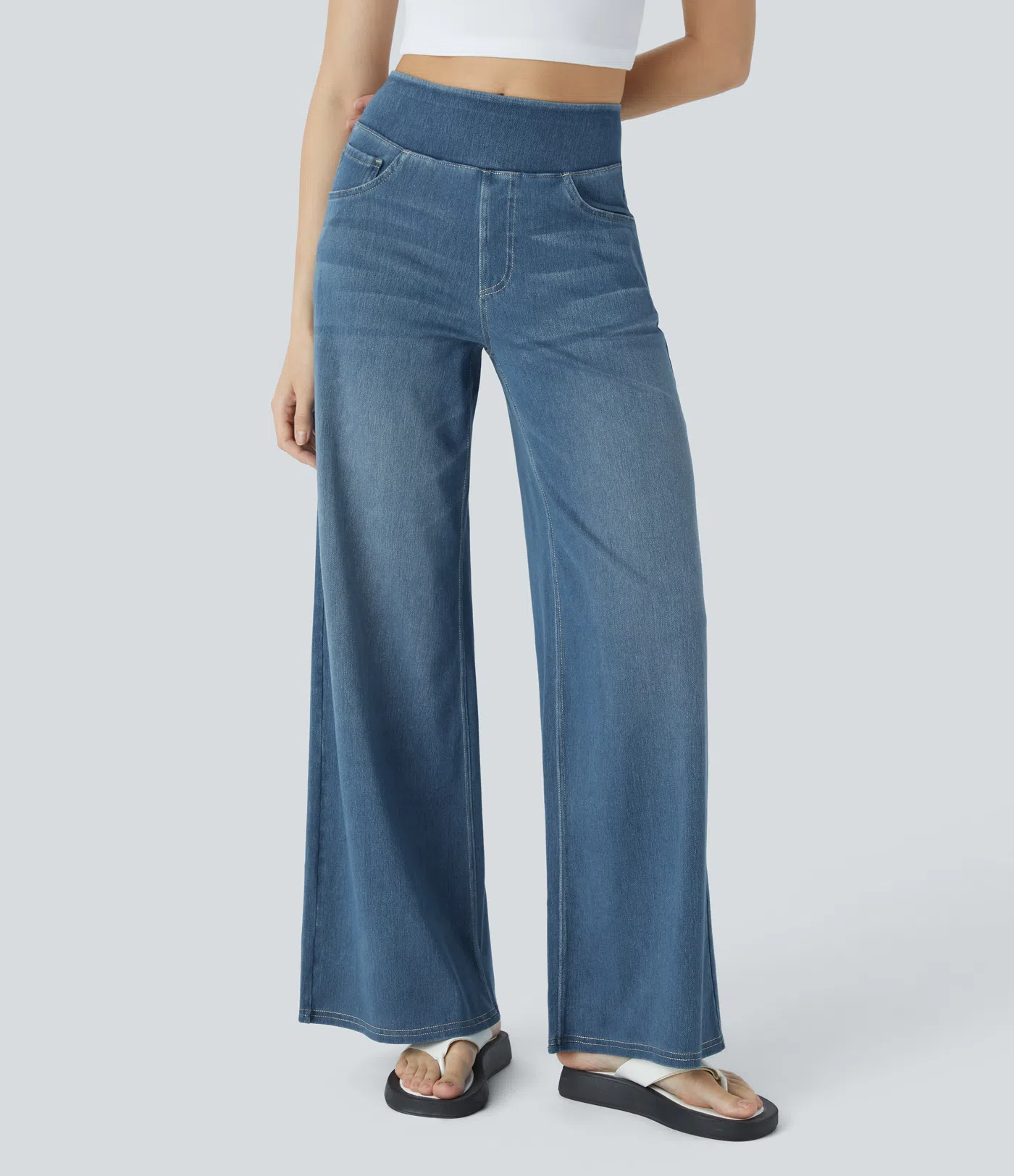 FINAL SALE⚡High Waisted Multiple Pockets Baggy Wide Leg Washed Stretchy Knit Casual Jeans