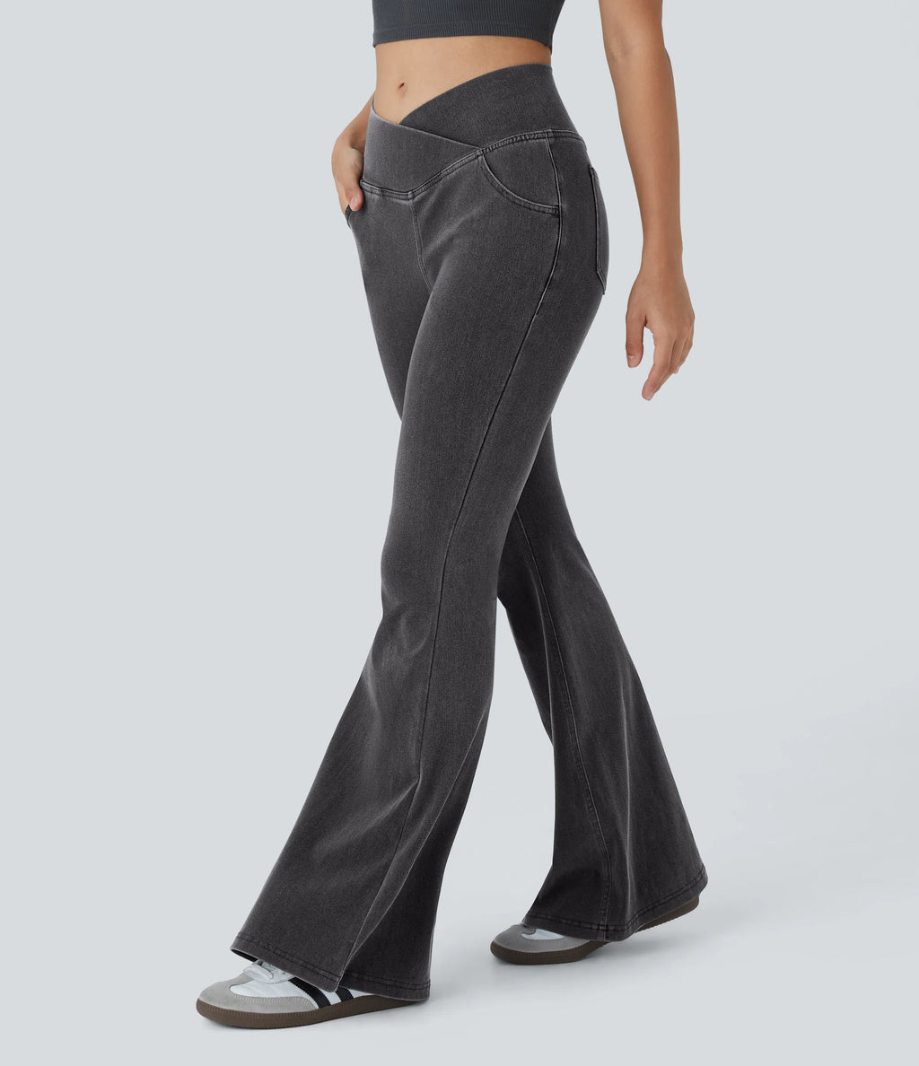 ⚡High Waisted Crossover Pocket Washed Stretchy Knit Casual Super Flare Jeans⚡