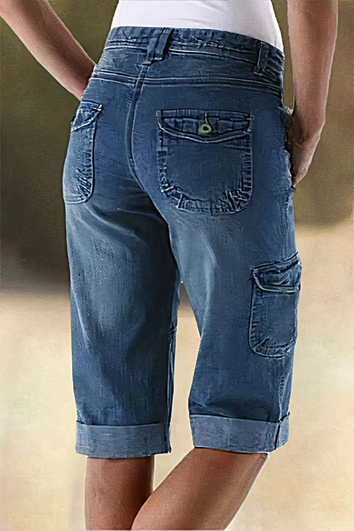 Flap Pocket Roll Hem Denim Bermuda Shorts Without Belt