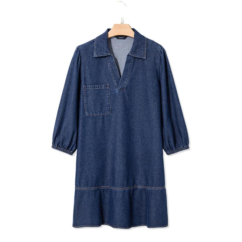 Denim Dress for Women Fashion Fall Casual Babydoll 2025 V Neck 3/4 Puff Sleeve Jean Dresses