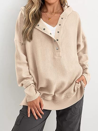 Women’s Casual V-Neck Button-Up Hoodie with Side Slits