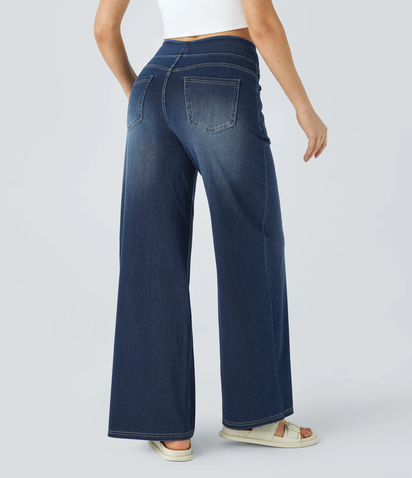 FINAL SALE⚡High Waisted Multiple Pockets Baggy Wide Leg Washed Stretchy Knit Casual Jeans