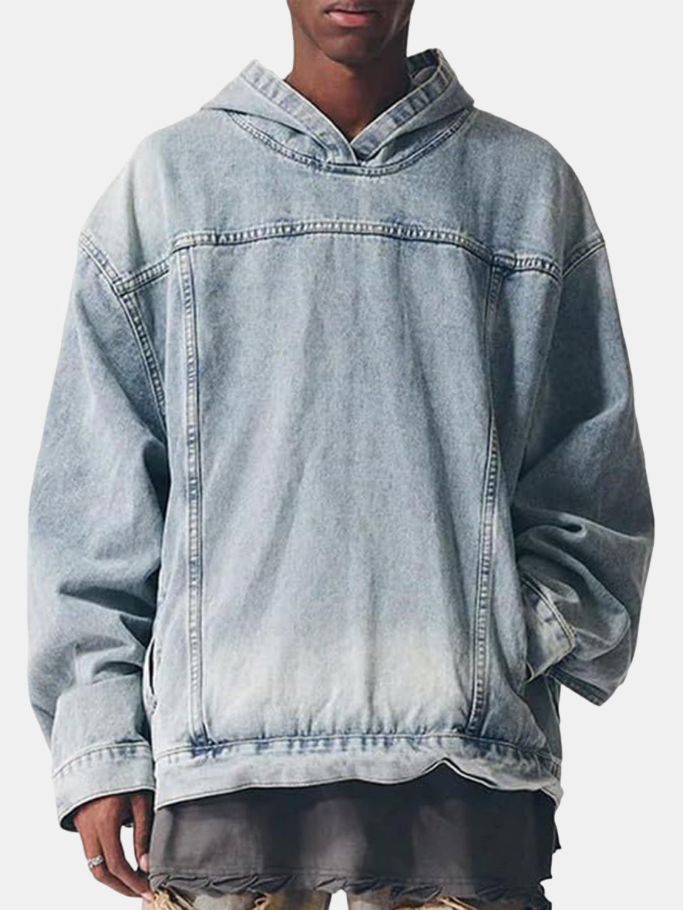 Men's Casual Fashion Cotton Denim Handsome Patchwork Loose Hooded Sweatshirt