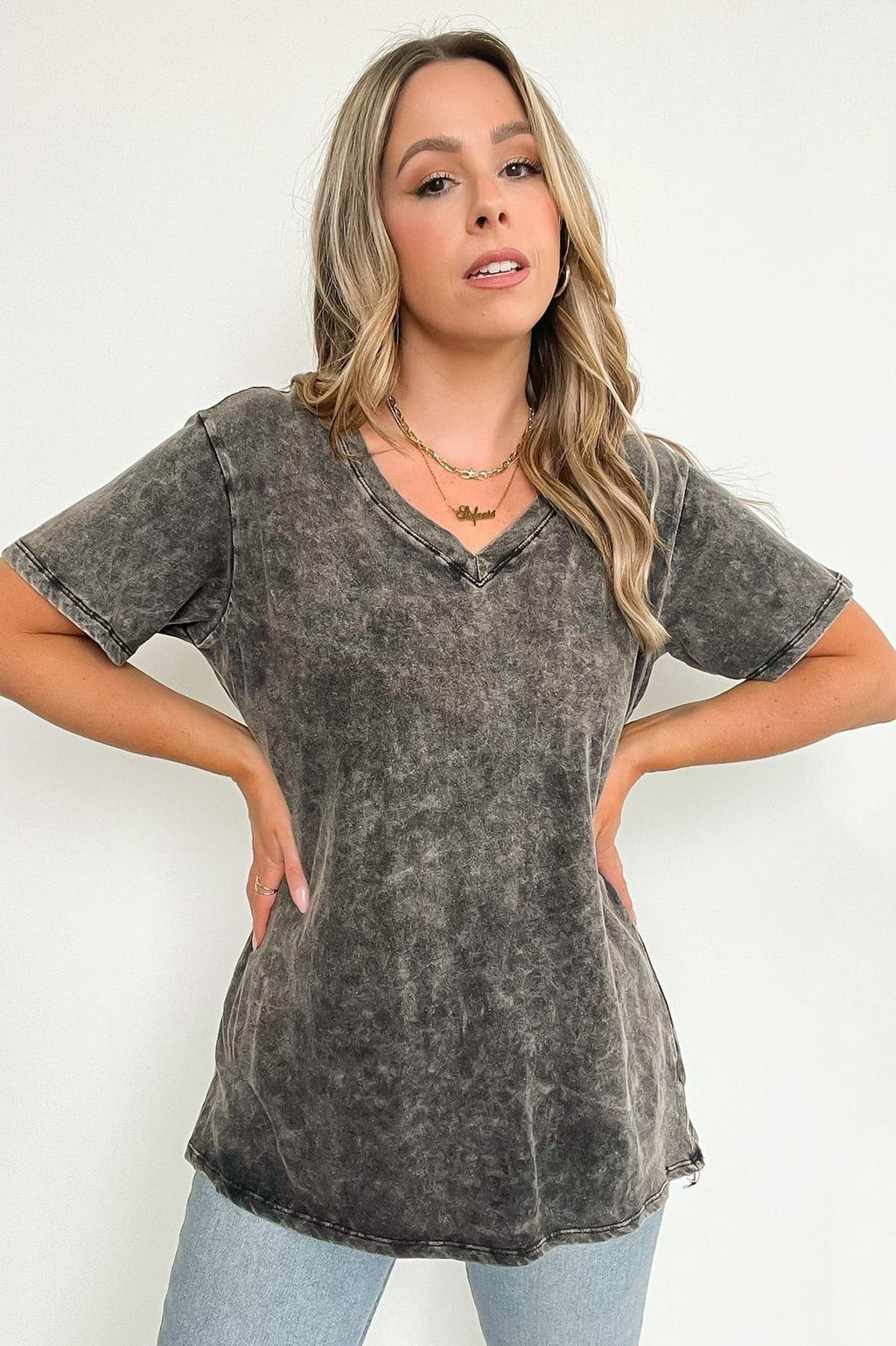 Soliel Acid Wash V-Neck Relaxed Fit Top - BACK IN STOCK