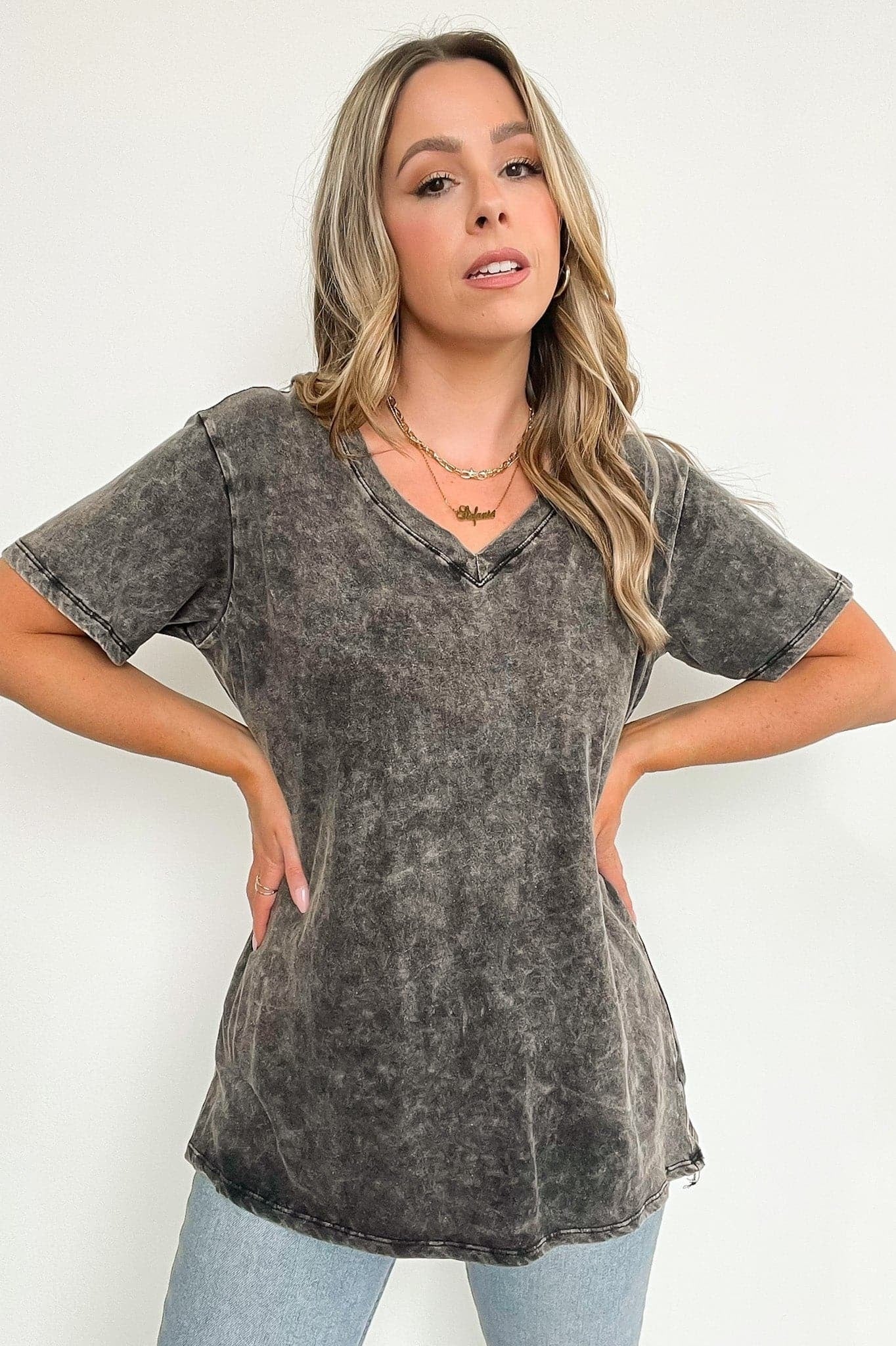 Soliel Acid Wash V-Neck Relaxed Fit Top - BACK IN STOCK