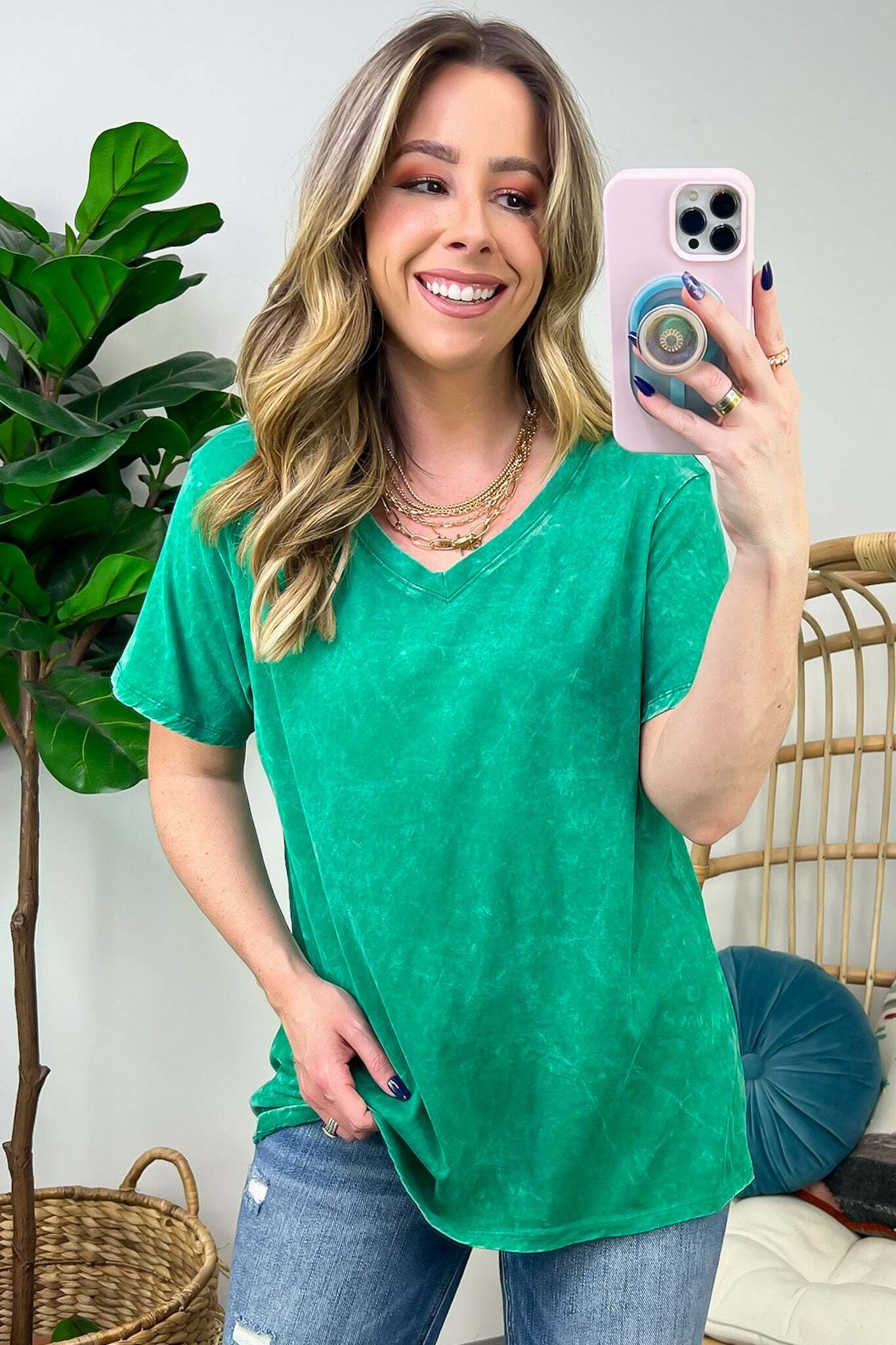 Soliel Acid Wash V-Neck Relaxed Fit Top - BACK IN STOCK