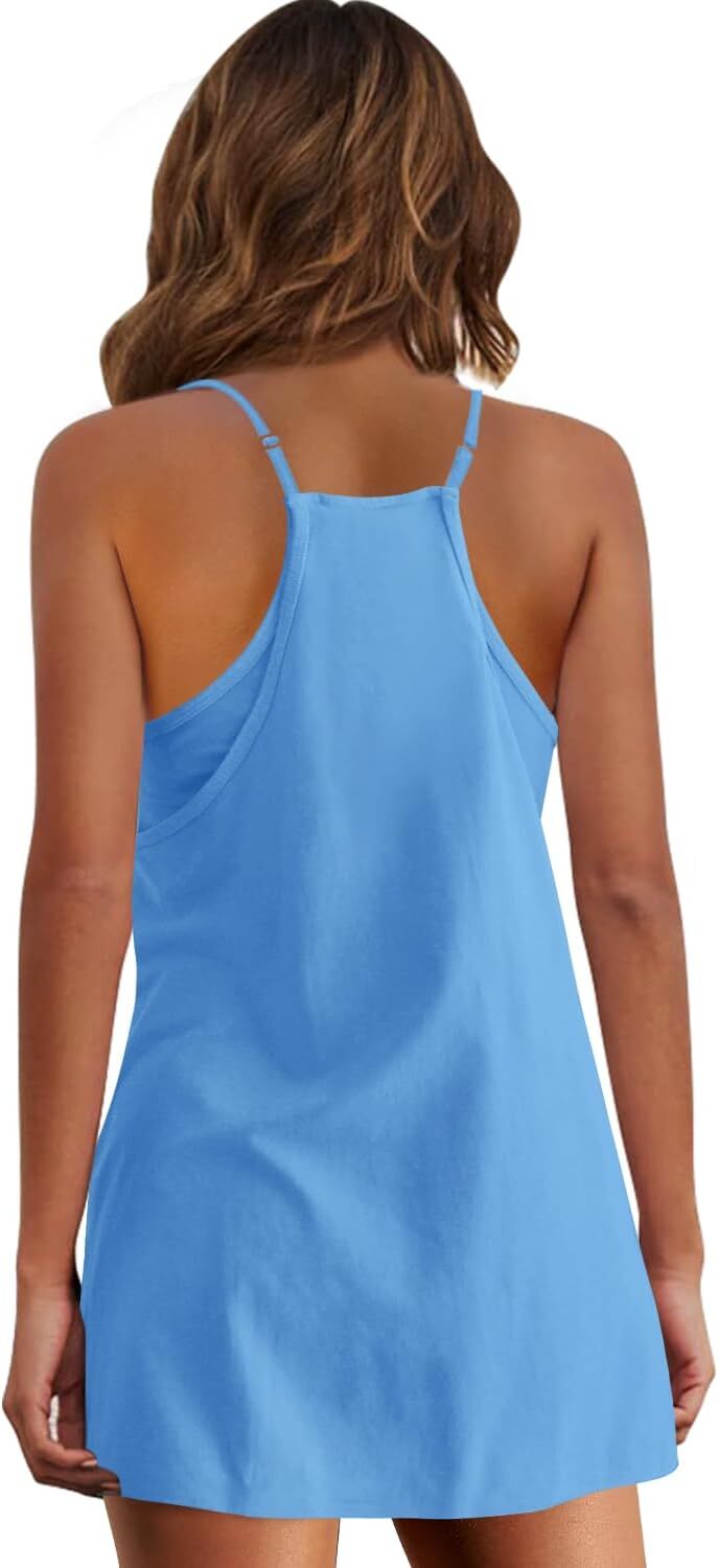 Womens Summer Sleeveless Mini Dress V Neck Spaghetti Strap Sundress Athletic Short Dress with Pockets