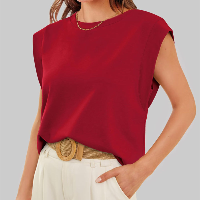 ⚡FINAL SALE⚡- Solid Color Blouse with a Crew Neck and Cap Sleeves