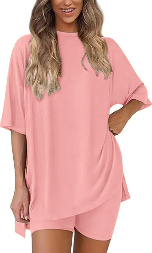 🔥Women's Two Piece Lounge Set 2025 Summer Casual Oversized Shirts Biker Shorts Matching Airport Travel Outfit