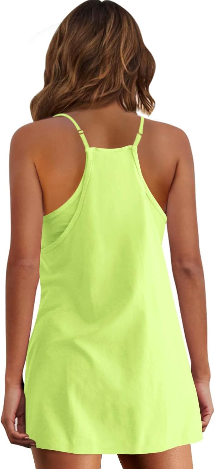 Womens Summer Sleeveless Mini Dress V Neck Spaghetti Strap Sundress Athletic Short Dress with Pockets