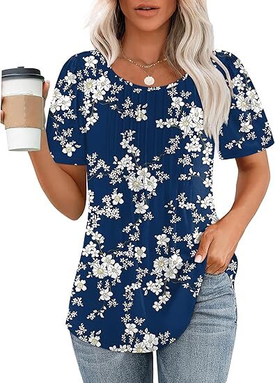 🔥Last day promotion🔥Womens T Shirts Short Sleeve Pleated Dressy Casual Scooped Neck Summer Tops Blouses