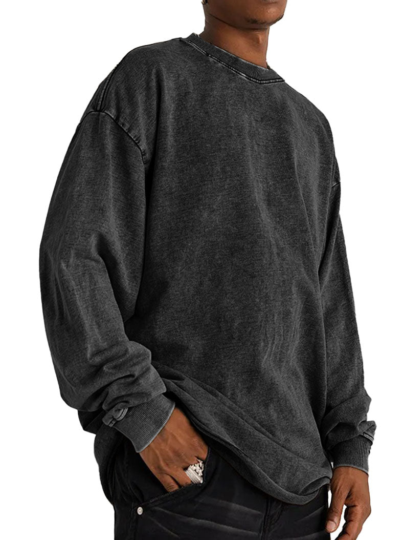 Men's Fashion Vintage Washed Cotton Round Neck Long Sleeve T-Shirt