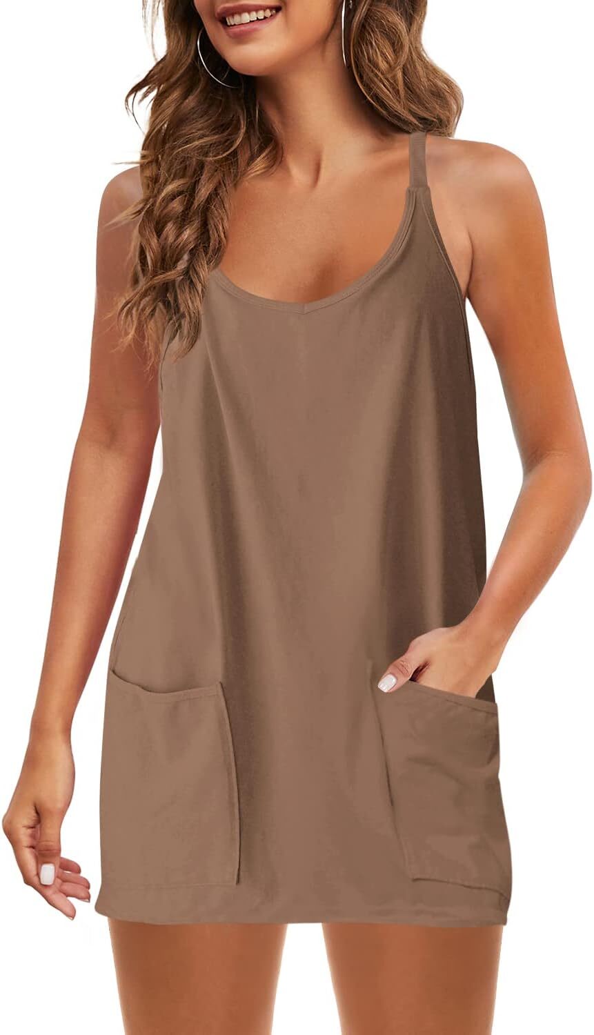 Womens Summer Sleeveless Mini Dress V Neck Spaghetti Strap Sundress Athletic Short Dress with Pockets