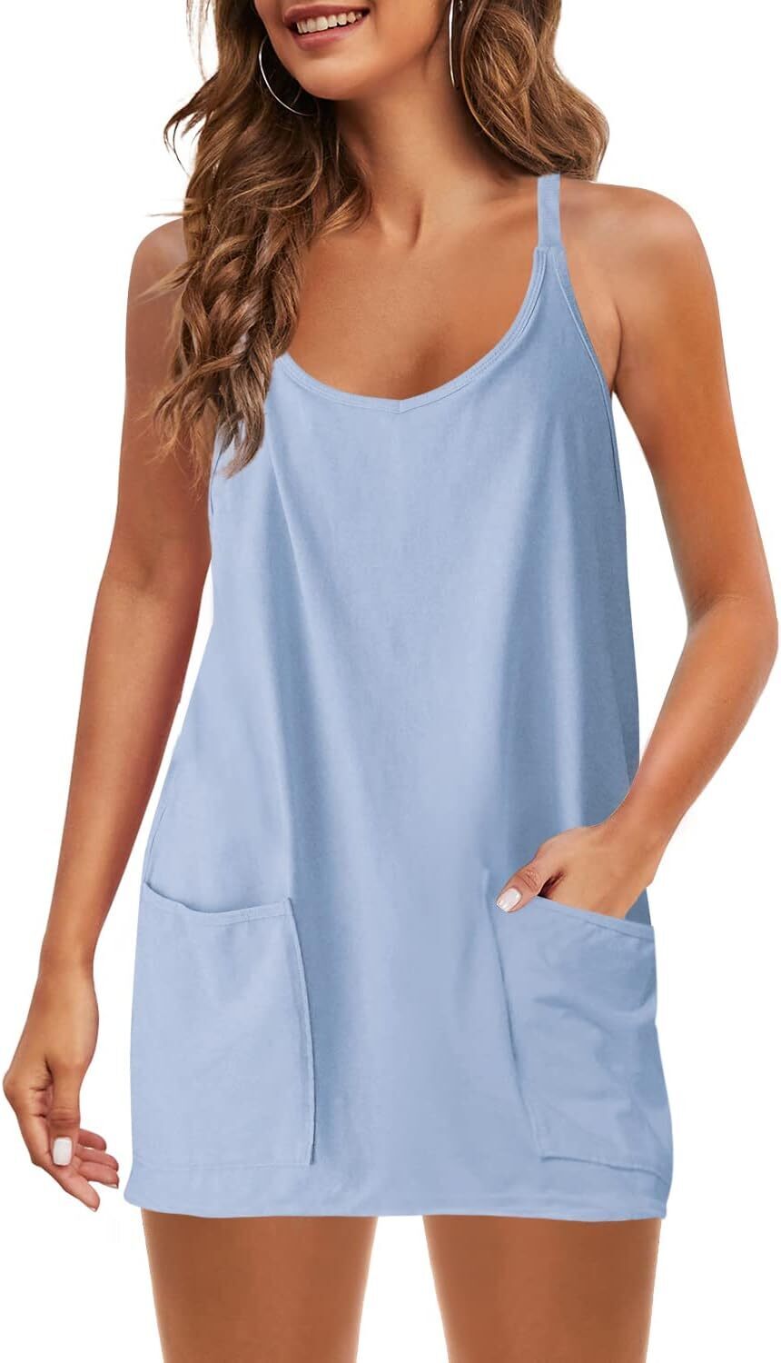Special Sale🩷Womens Summer Sleeveless Mini Dress V Neck Spaghetti Strap Sundress Athletic Short Dress with Pockets-Easy Peezy