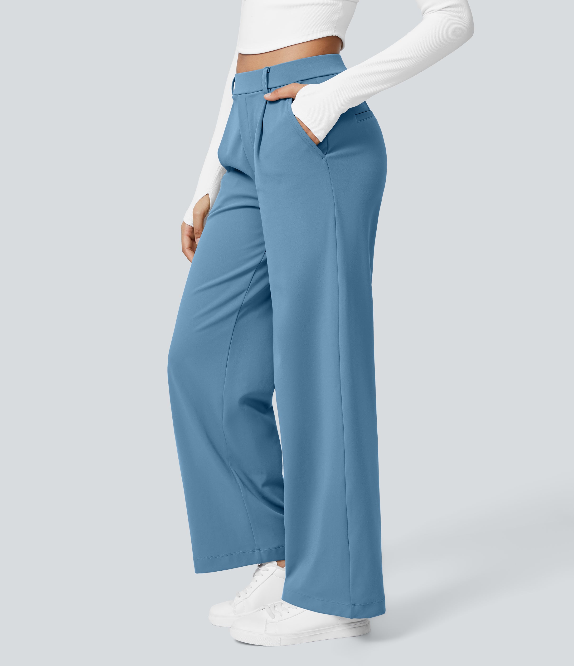 Factory Outlet - High Waisted Side Pocket Straight Leg Work Suit Pants