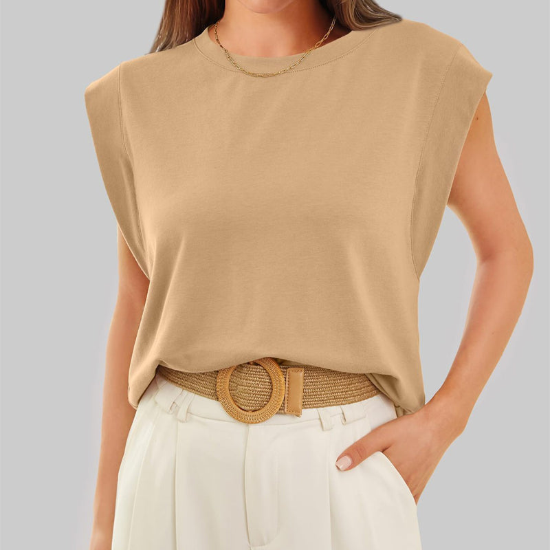 ⚡FINAL SALE⚡- Solid Color Blouse with a Crew Neck and Cap Sleeves