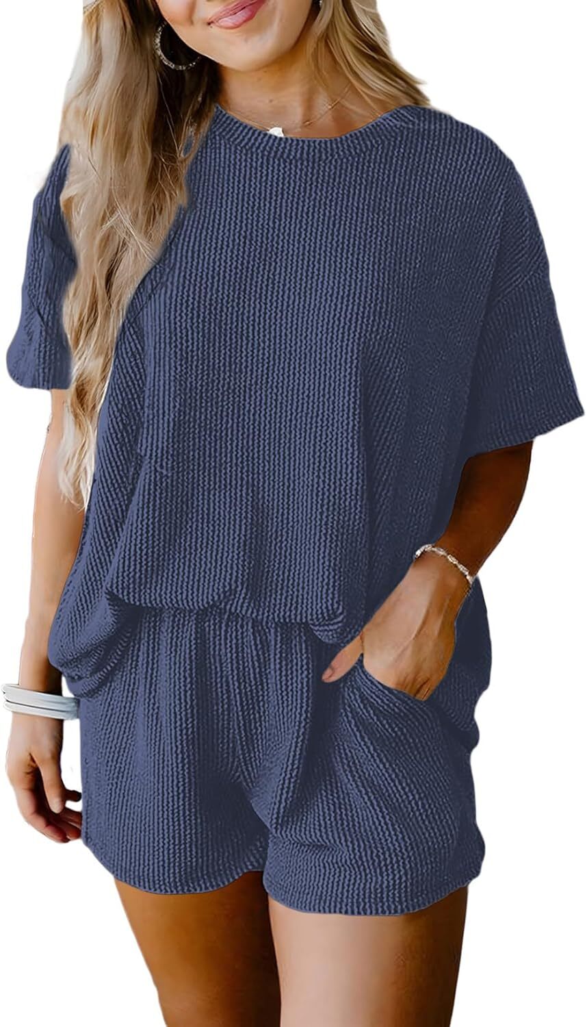 Two 2 Piece Sets for Women Short Sleeve Shirts High Waisted Shorts with Pockets Pajamas Lounge Matching Set