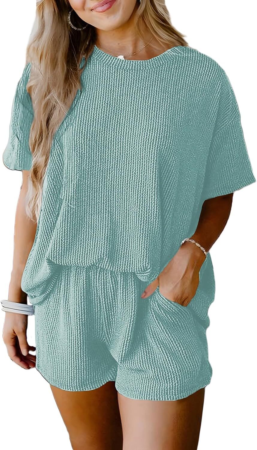 Two 2 Piece Sets for Women Short Sleeve Shirts High Waisted Shorts with Pockets Pajamas Lounge Matching Set