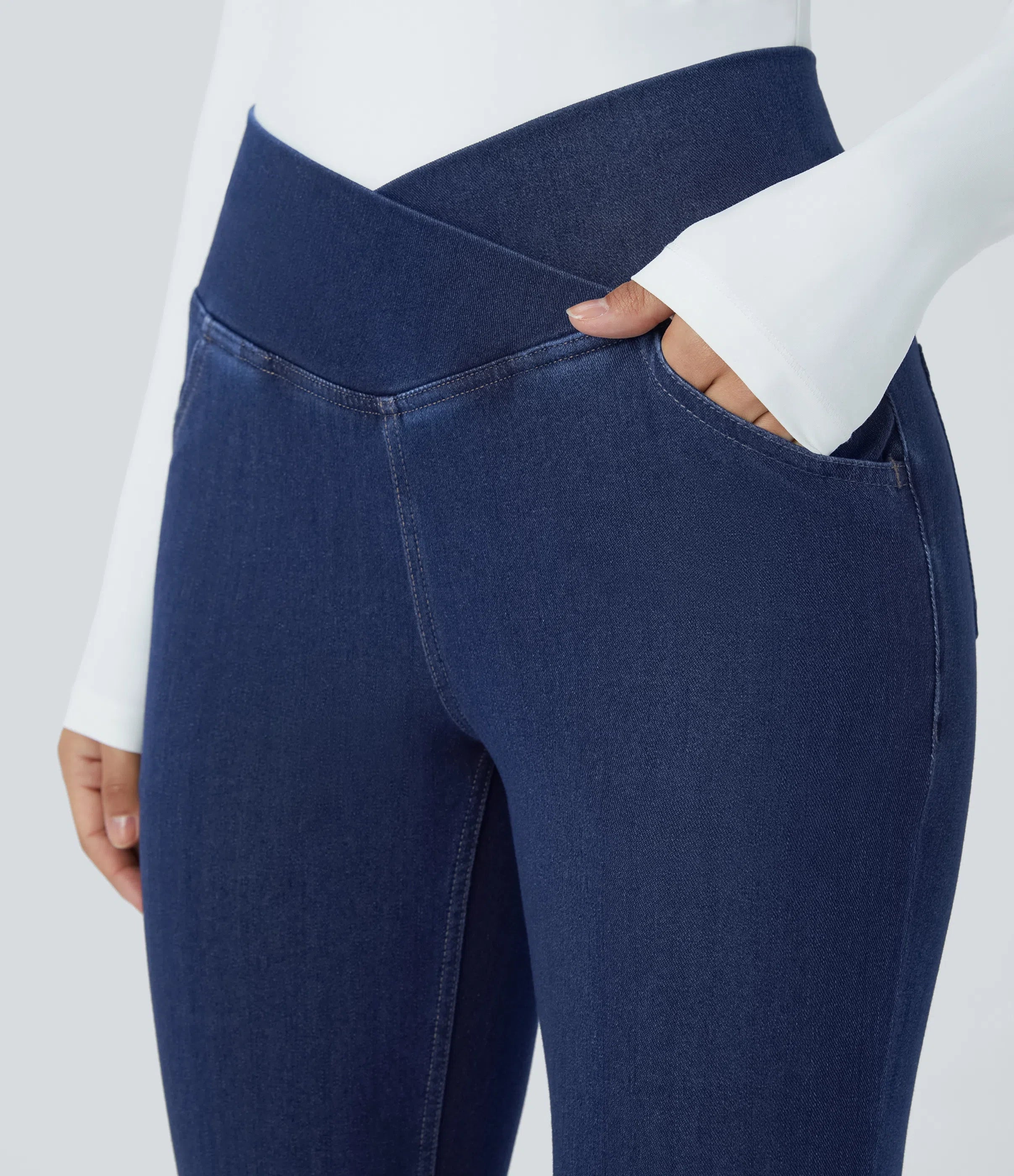 ⚡High Waisted Crossover Pocket Washed Stretchy Knit Casual Super Flare Jeans⚡