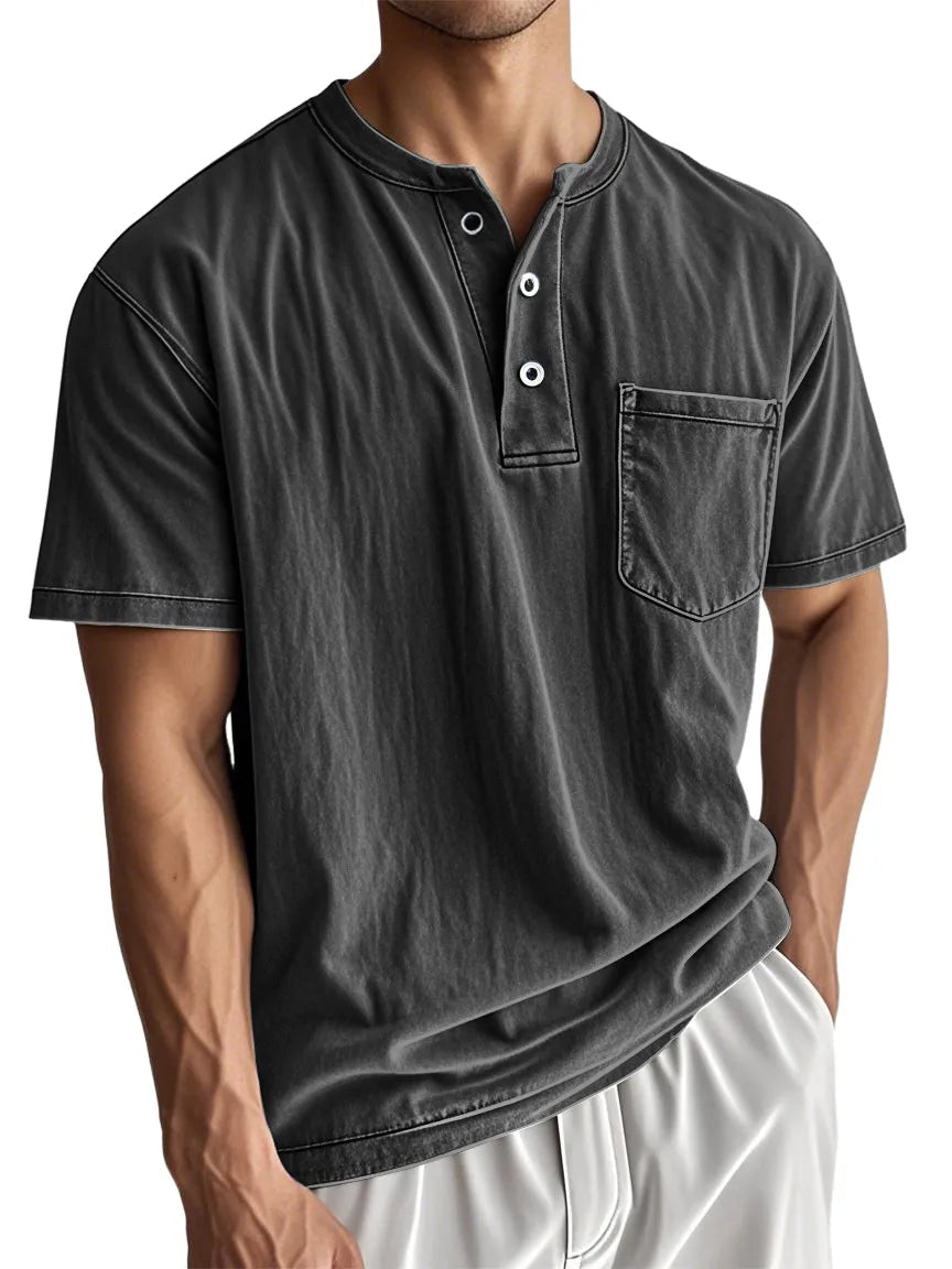Men's Stylish Washed Distressed Cotton Vintage Casual Pocket Henley Shirt