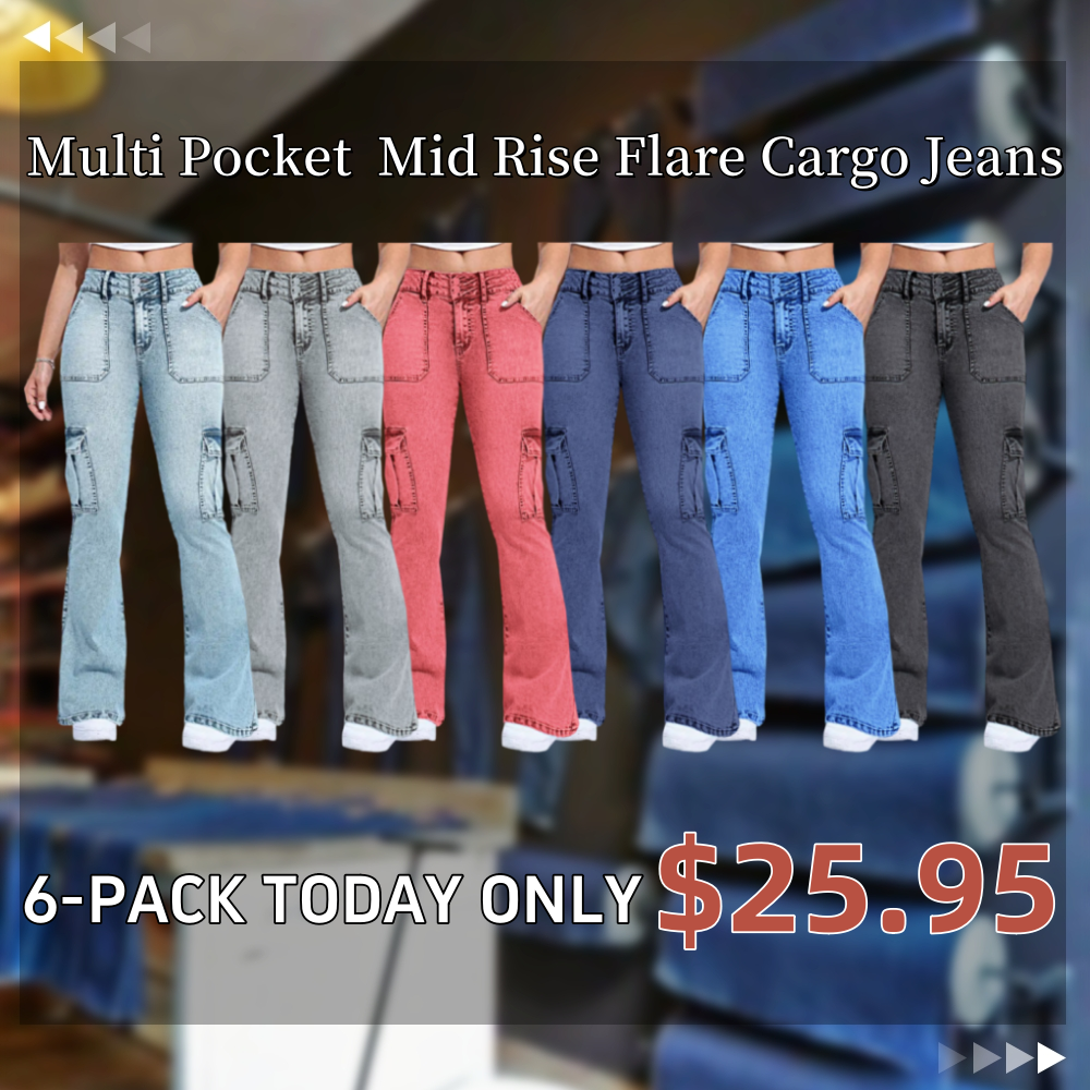 ⚡Last Chance Deal⚡- Multi Pocket Double Button Mid Rise Flare Cargo Jeans