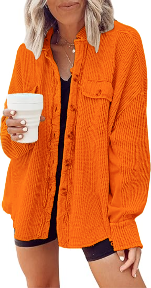 Women's Loose Fit Batwing Sleeve Waffle Knit Button Down Shirt Shacket Tops