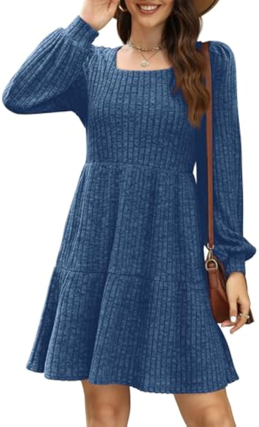 🔥Womens Square Neck Long Sleeve Fall Dresses Casual Babydoll Sweater Dress