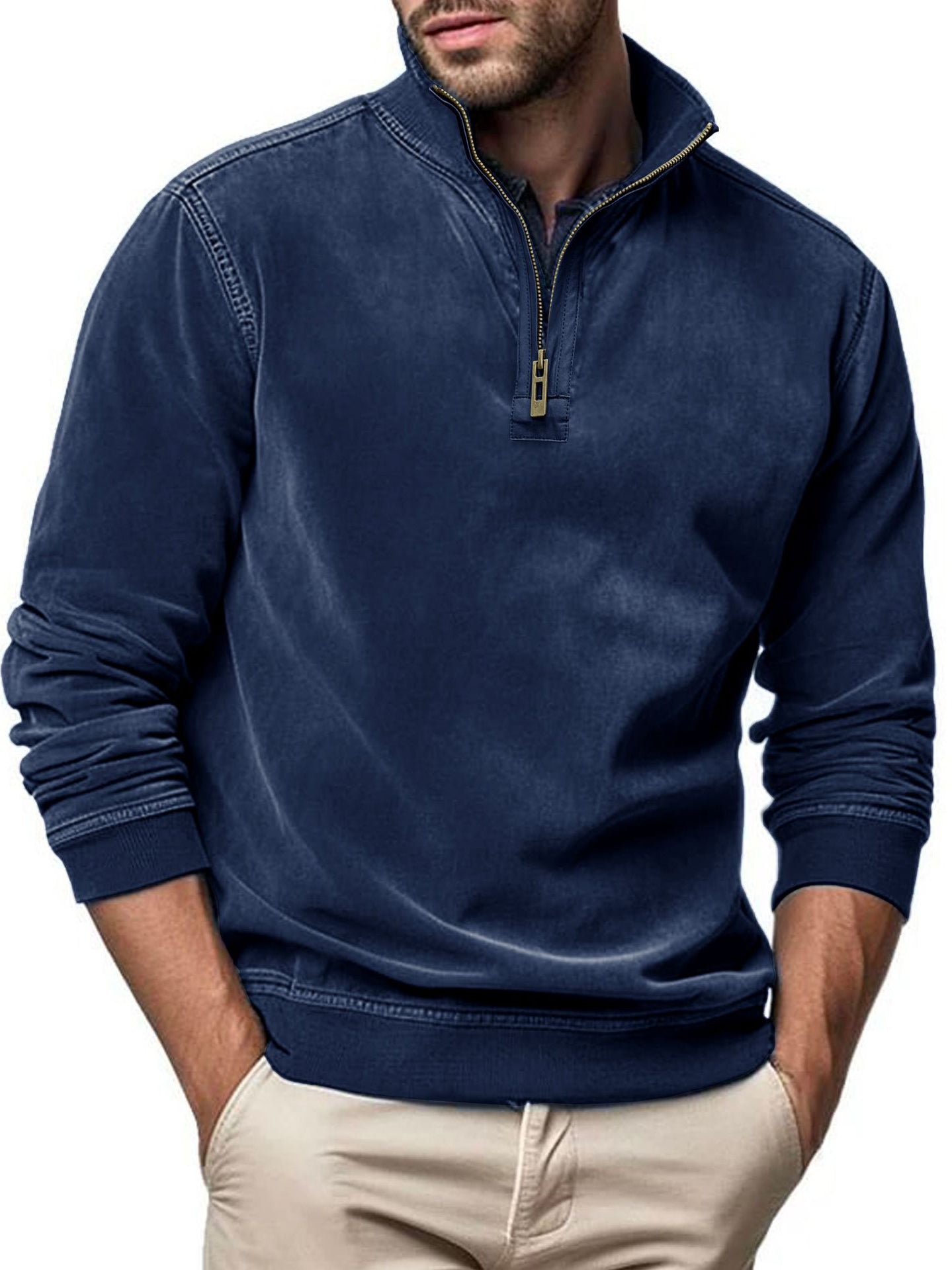 Men's Fashion Long Sleeve Zip Stand Collar Polo Shirt