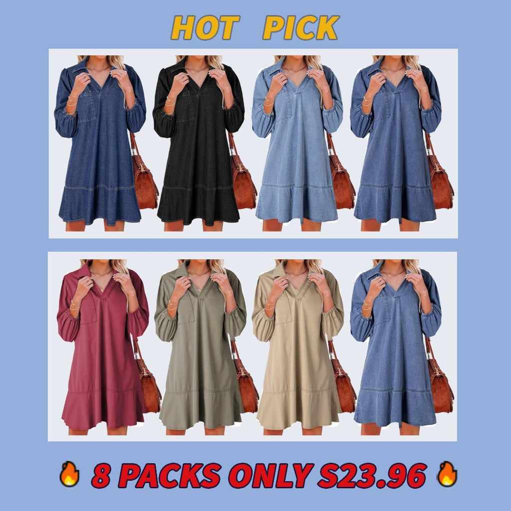 Denim Dress for Women Fashion Fall Casual Babydoll 2025 V Neck 3/4 Puff Sleeve Jean Dresses