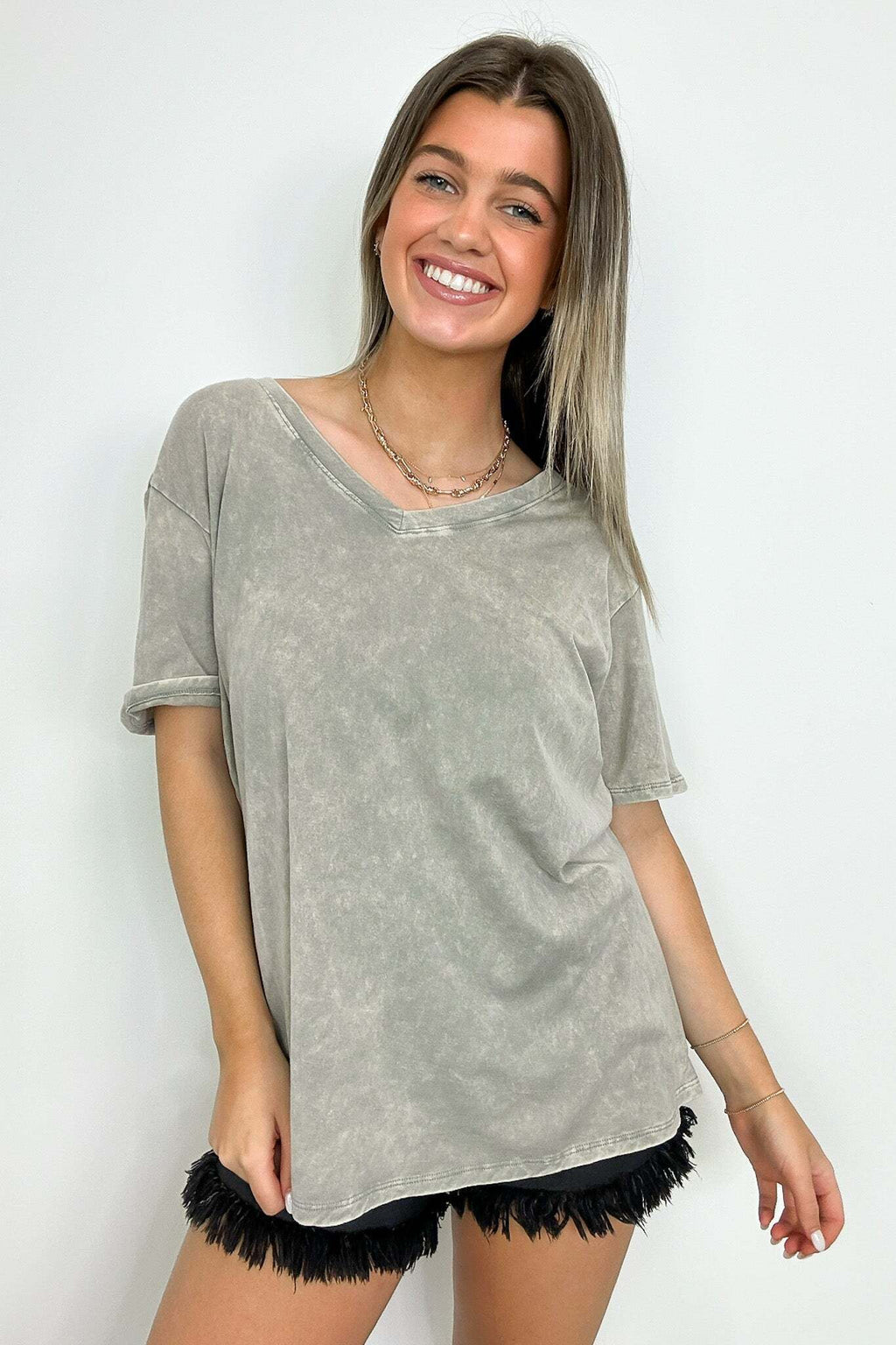 Soliel Acid Wash V-Neck Relaxed Fit Top - BACK IN STOCK