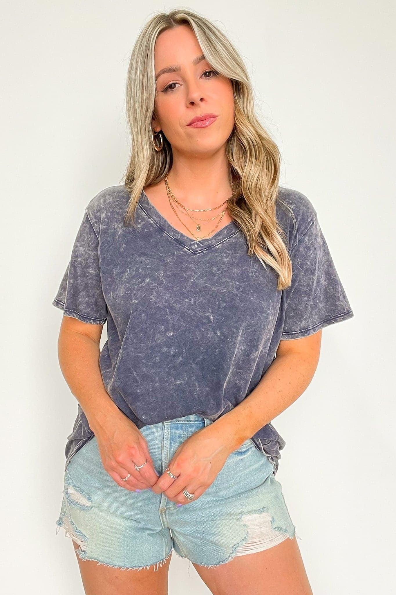 Soliel Acid Wash V-Neck Relaxed Fit Top - BACK IN STOCK