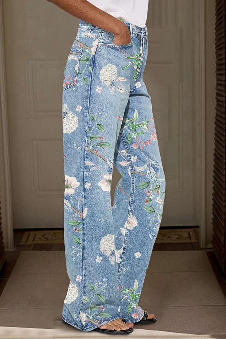 🔥Floral Pattern Wash High Waist Straight Leg Jeans