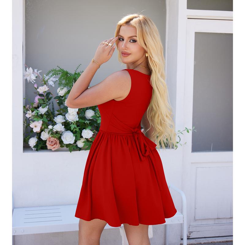 OYS Women's Summer Sleeveless Square Neck A-line Ruffle Hem Mini Tank Dress With Pockets