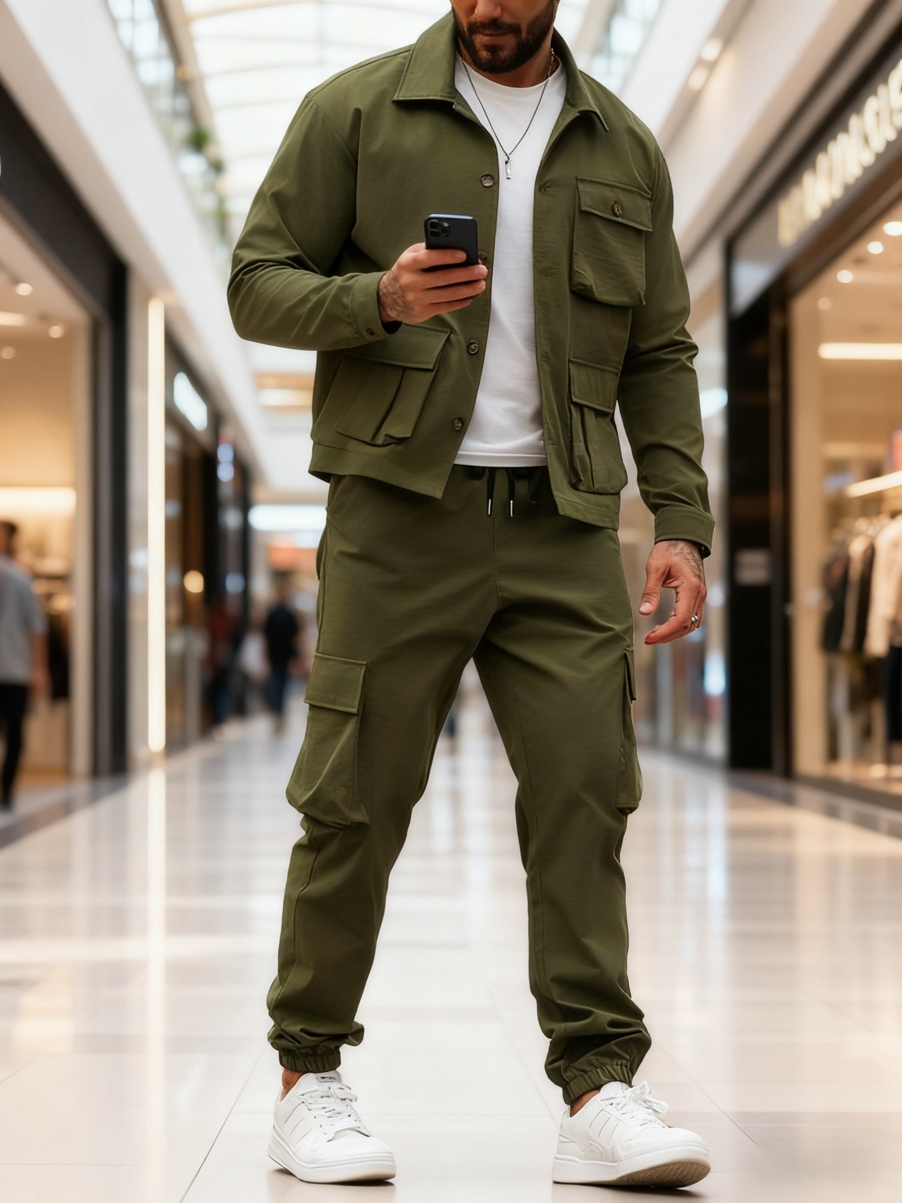 💥Clearance sale! Men's Solid Color Pocket Button Front Shirt & Pants Two-Piece Set, Casual Long Sleeve Collar Top & Trousers Set, Men's Spring & Fall Clothes