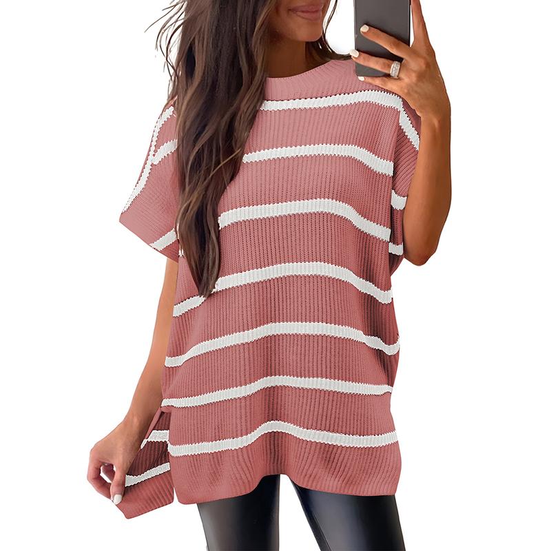 2025 Summer Women's Casual Crew Neck Drop Shoulder Loose Fit Short Sleeve Knit Pullover
