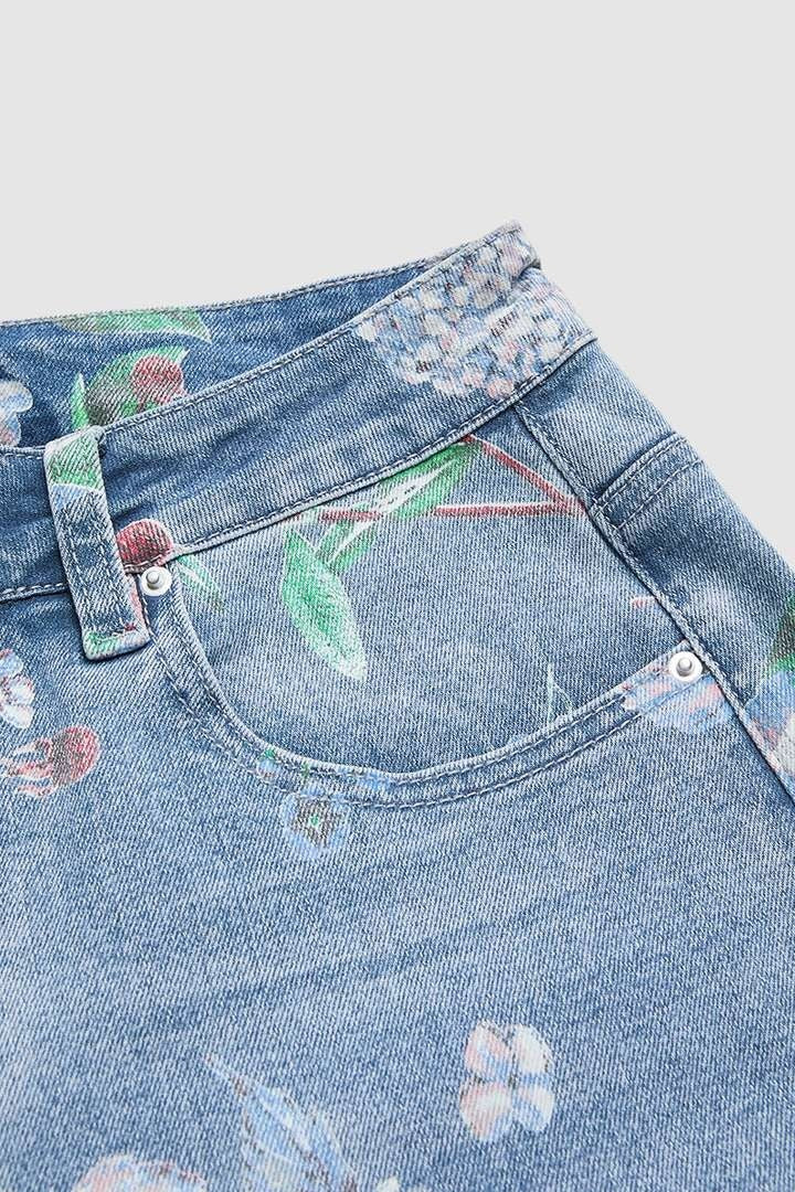 🔥Floral Pattern Wash High Waist Straight Leg Jeans