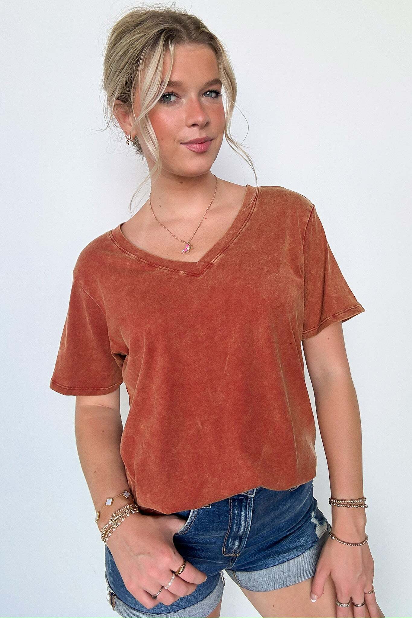 Soliel Acid Wash V-Neck Relaxed Fit Top - BACK IN STOCK