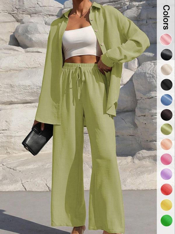 Women's Solid Button Front Shirt & Tie Front Wide Leg Pants Two-piece Set, Casual Loose Drop Shoulder Long Sleeve Top & Trousers for Spring & Fall