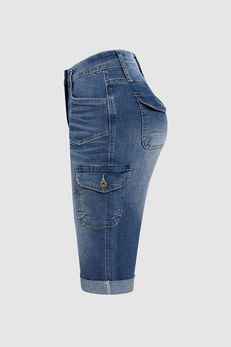 Flap Pocket Roll Hem Denim Bermuda Shorts Without Belt