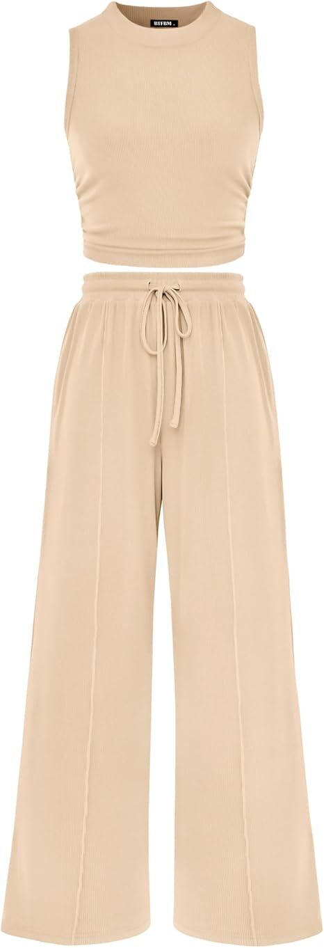 Women Summer 2 Piece Outfits 2025 Beach Crew Neck Sleeveless Cropped Top Elastic Waist Wide Leg Pants Lounge Set