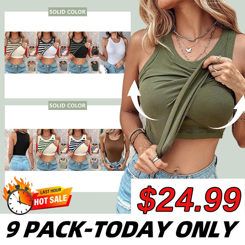 Round Neck Built-in Bra Ribbed Tank Top